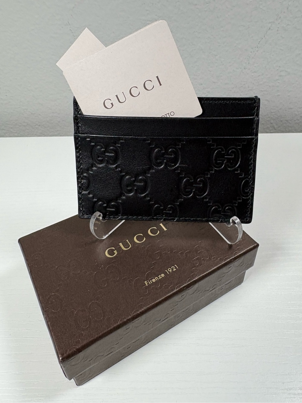 Gucci Signature Leather Card Holder, Black W/ COA & Box